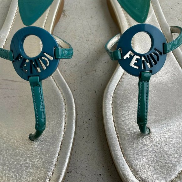 Fendi Women Sandal Flat Thong Blue/Silver Made in Italy Size 39 Authentic Fendi - Picture 3 of 12